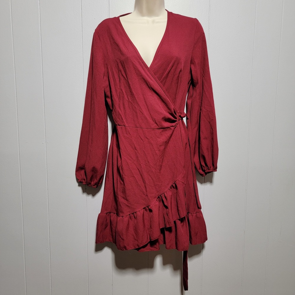 Naggoo Burgundy Wine Red Wrap Dress Long Sleeve Ruffle Mini Size Small NWT